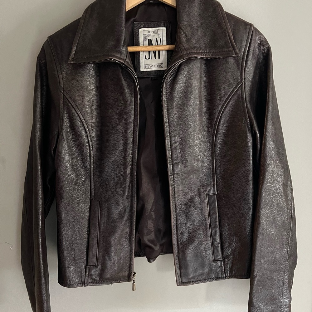 Brown leather bomber jacket